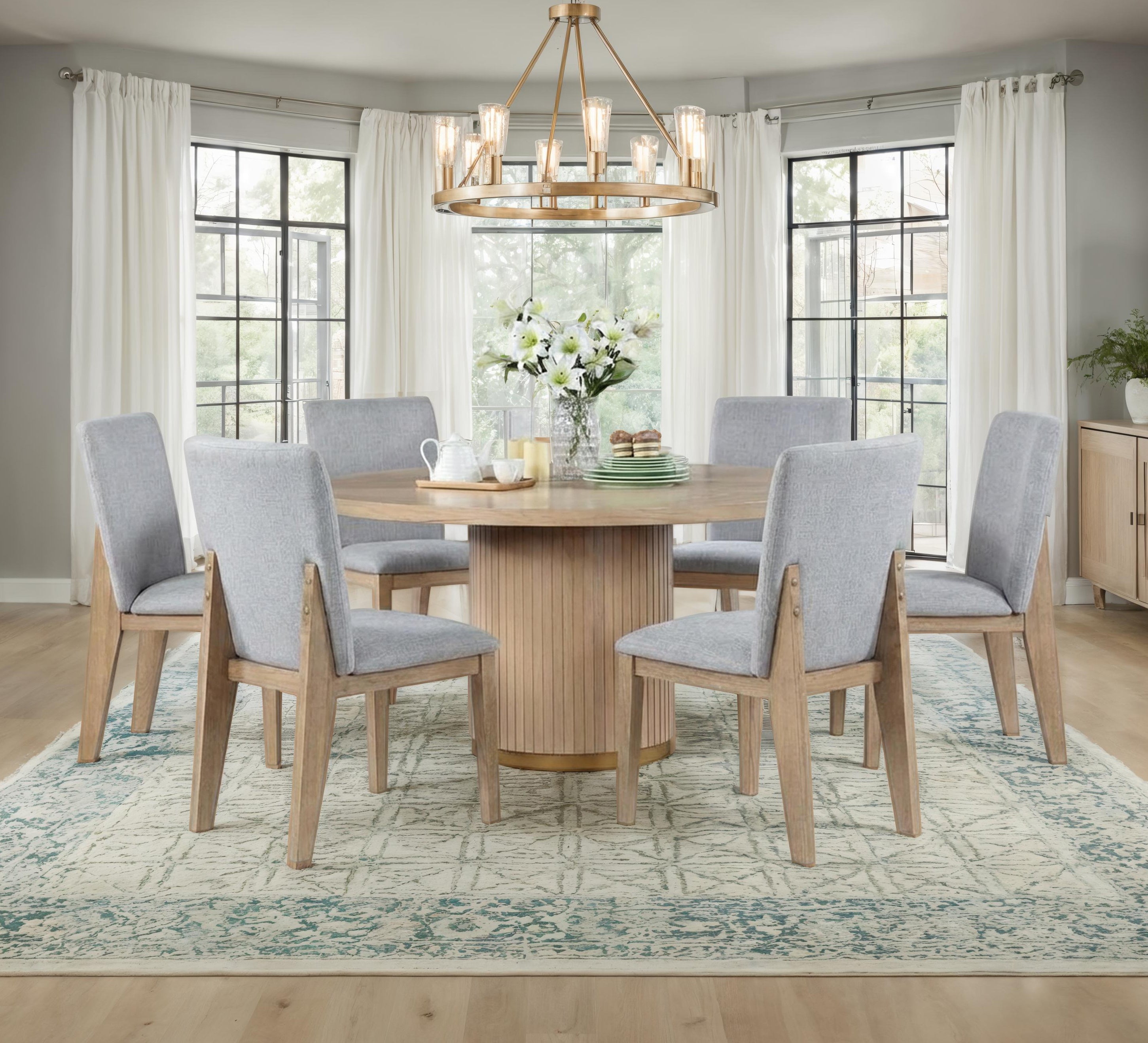 Caspian 7-Piece Dining Set with 59 Round Oak Finish Table & 6 Gray Upholstered Dining Chairs