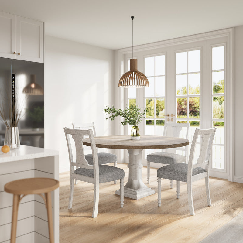 Tannen 59W Round White and Gray 5-Pc Dining Table Set