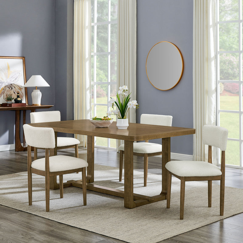 Darla 5Pc 72 Rectangular Walnut Oak Finish Sled Dining Set with Beige Sherpa Fabric Chairs