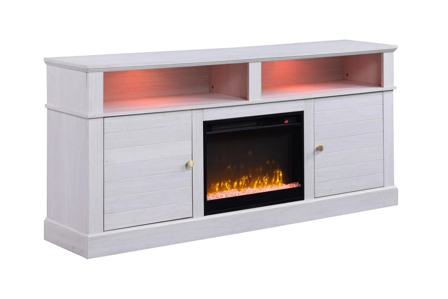 Lucifer 70W White Walnut Finish TV Stand Console with Fireplace