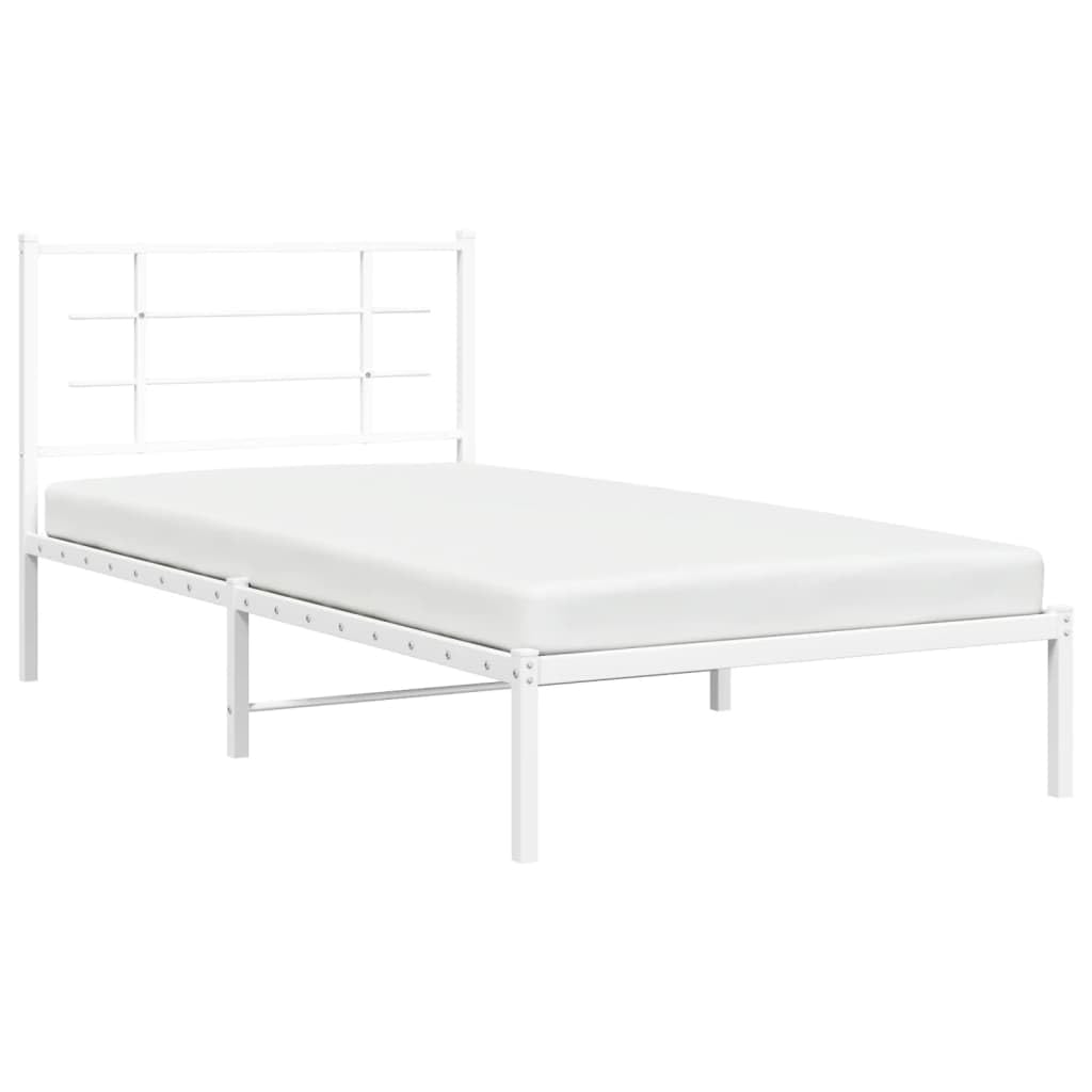 vidaXL Single Bed Frame - White Metal with Elegant Headboard, Supportive Slats, Under-Bed Storage Space - 39.4x78.7 Compatible