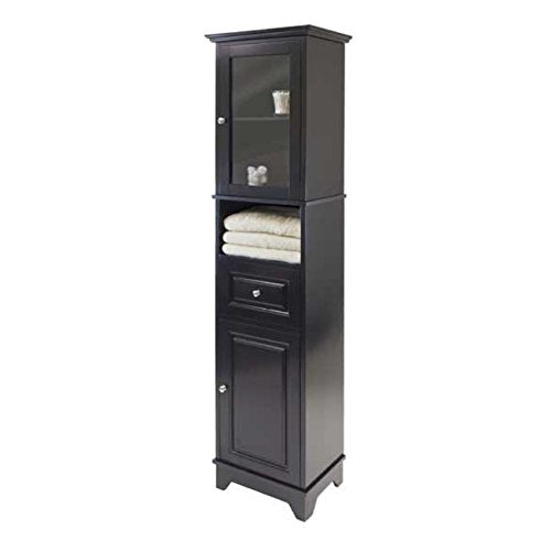Ergode Wood Burgundy Wine Tower | Stylish & Practical Storage Solution | 15 Bottle Slots | Glass Door | 3 Shelves | Drawer | Composite Wood | Easy Assembly | (20871-VV)