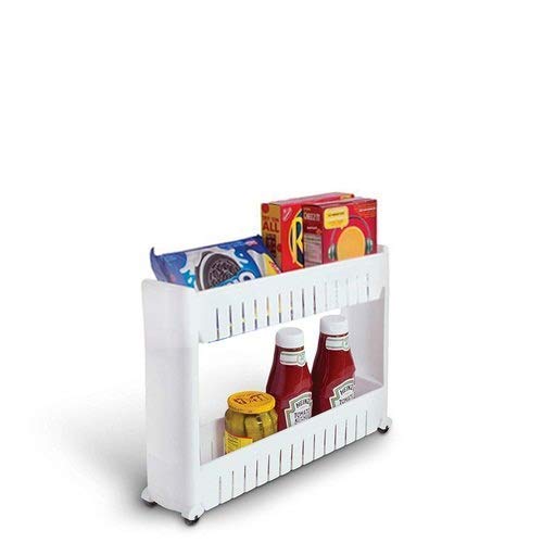 Orrda Plastic 2 Tier Space Saving Storage Organizer Slim Rack Shelf With Wheels || Slim Slide Out Kitchen Trolley Rack Holder St