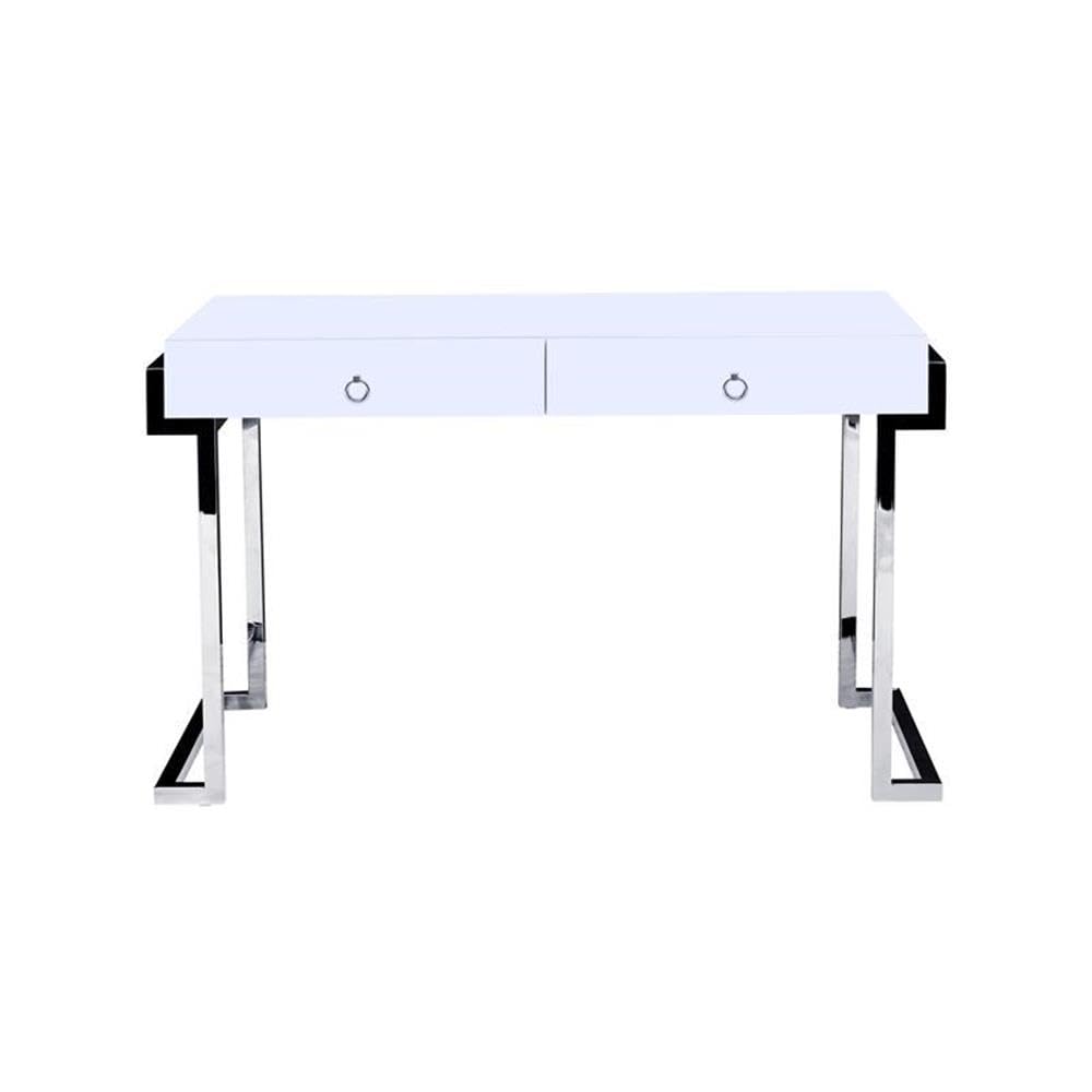 Best Master Furniture White Lacquer 2-Drawer Writing Desk Silver