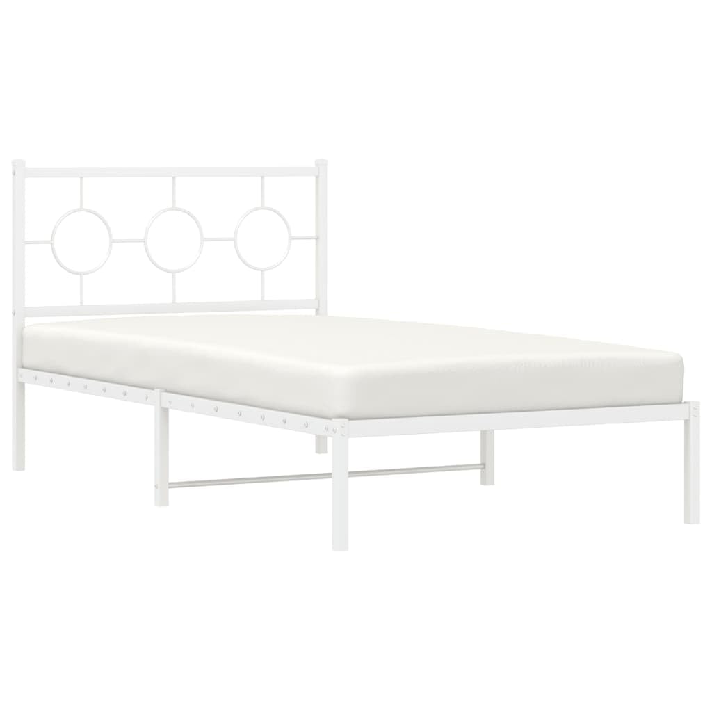 vidaXL White Steel Single Bed Frame with Headboard - Industrial Style, 39.4"x78.7" Mattress Compatible, Bedroom Platform Bed