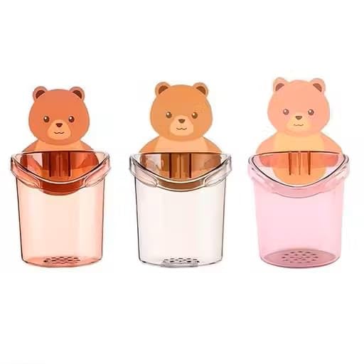 FOXTAIL Wall Mounted Teddy Bear Brush Stand, Self Adhesive Toothbrush Holder, Set of 3