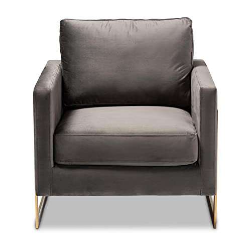 Baxton Studio Matteo Glam and Luxe Grey Velvet Fabric Upholstered Gold Finished Armchair