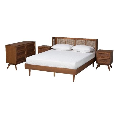 Baxton Studio Rina Ash Walnut Wood 4-Piece Full Size Bedroom Set With Rattan
