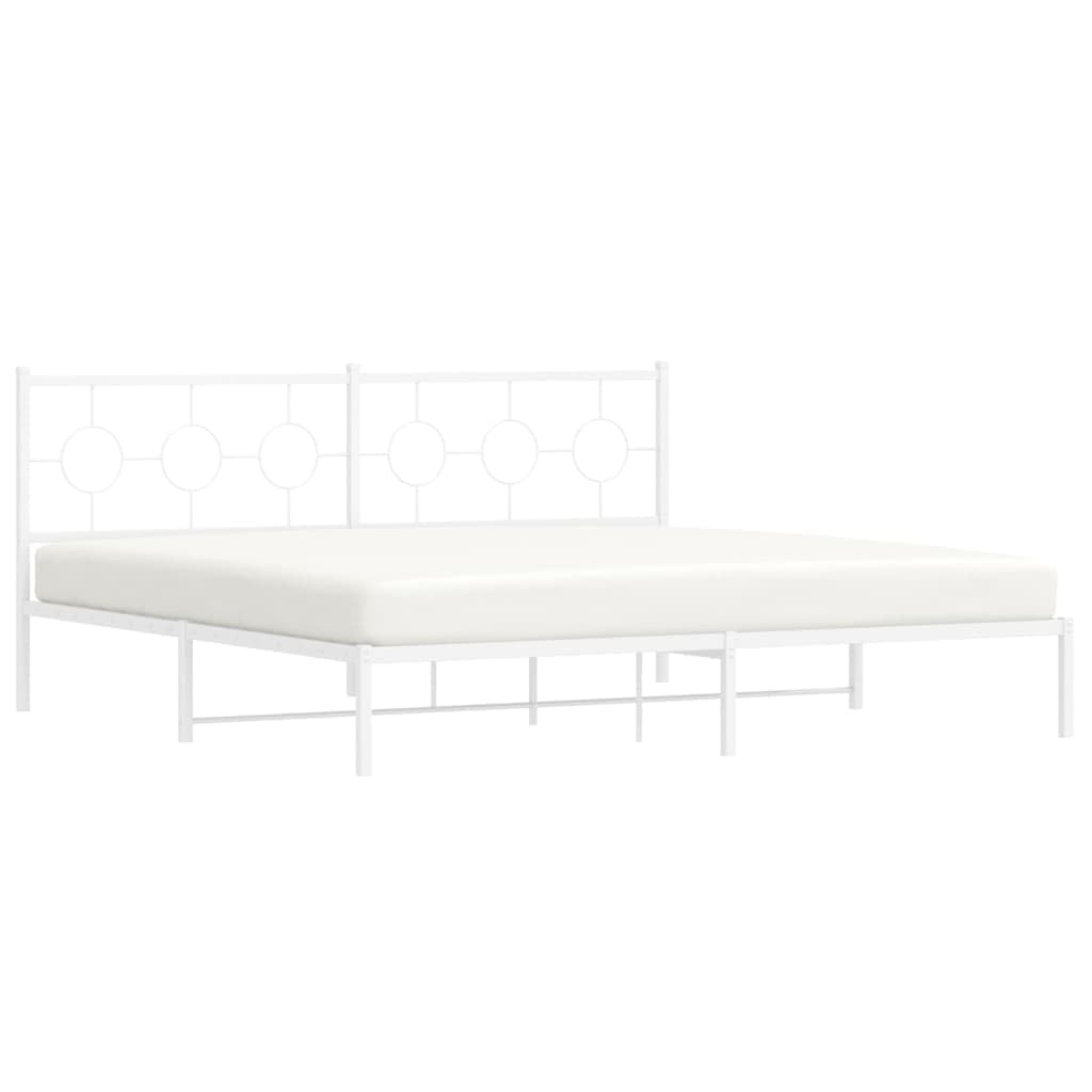 vidaXL White Metal King Bed Frame with Elegant Headboard - 76x79.9 Industrial Steel Construction, Breathable Slats, Added Bedroom Storage
