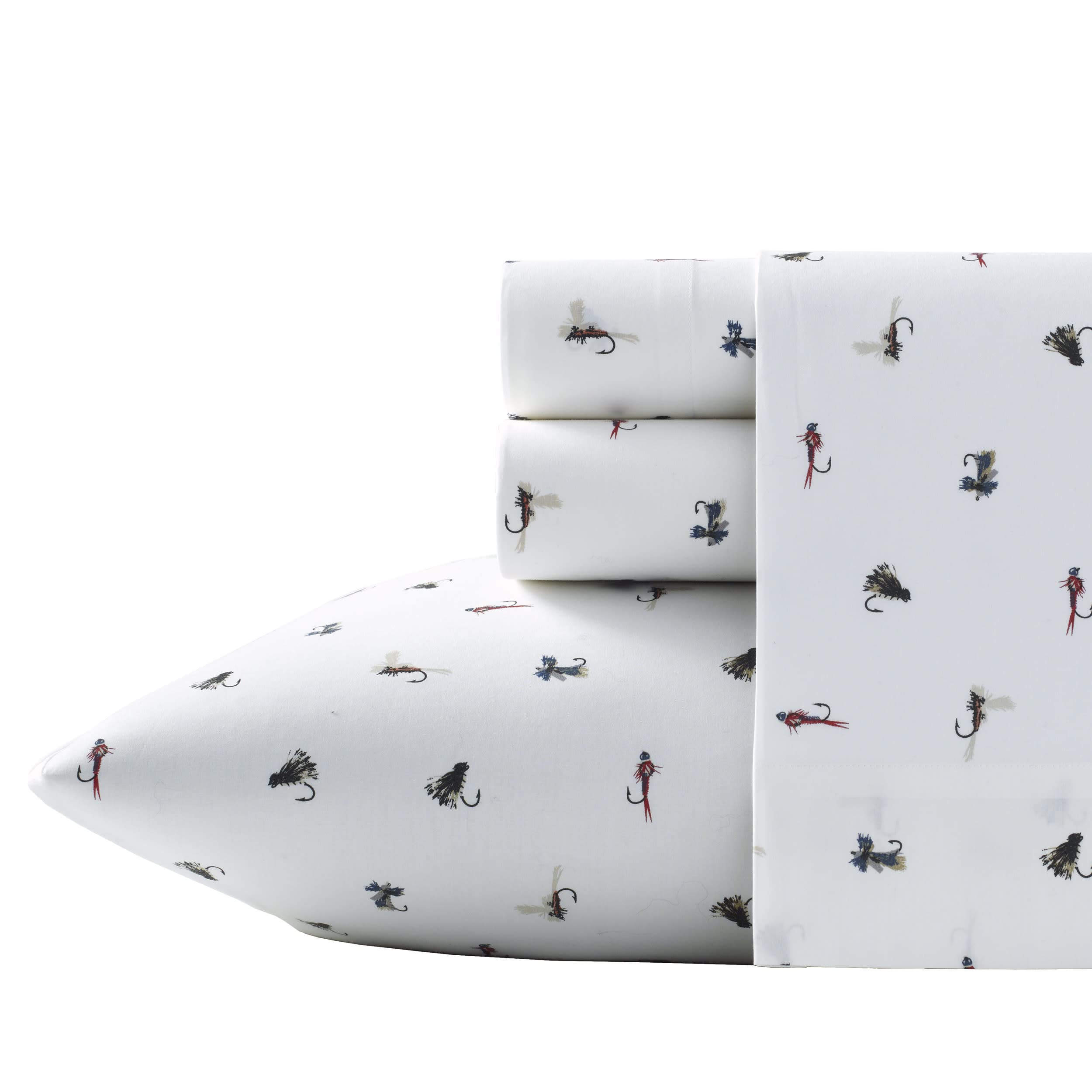 Eddie Bauer - King Sheets, Cotton Percale Bedding Set, Crisp & Cool Home Decor (Fishing Flies White,4 Pcs, King)