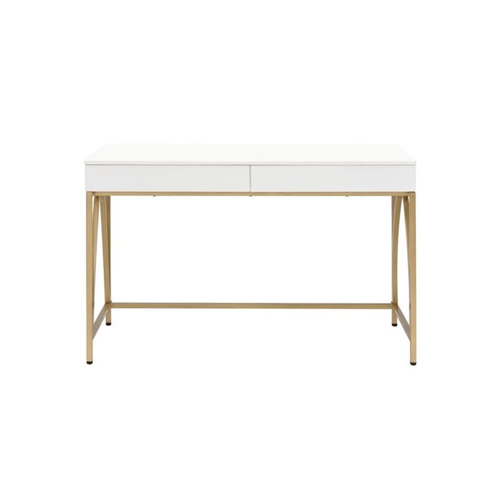 Acme Lightmane 2-Drawer Vanity Desk with Metal Legs in White High Gloss and Gold