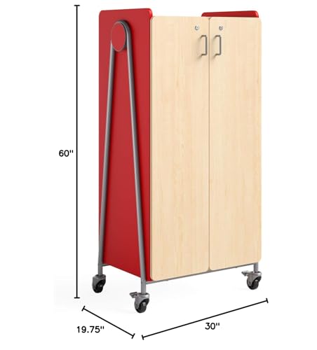 Safco Products 3935RED Whiffle Typical 15, Double Column 14-Tote 2-Shelf Doored Rolling Storage Cart with Magnetic Dry-Erase Back, Red, 60" H, Tall