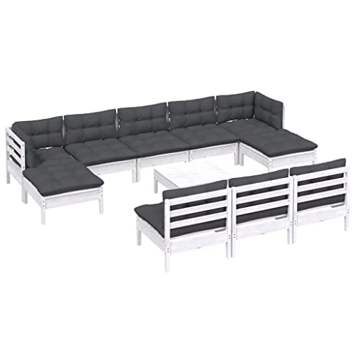 vidaXL Solid Pinewood Patio Lounge Set 11 Piece with Cushions Garden Outdoor Lawn Yard Terrace Balcony Wooden Seat Seating Furniture White