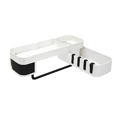 SHRBI Wall Mounted Bathroom Self, Adhesive Storage Holder, Plastic Bathroom/Kitchen Corner Storage Rack with Folding Hook for Sp