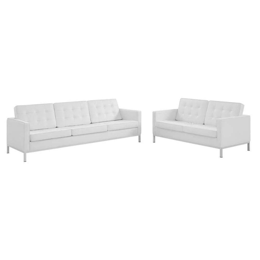 Modway Loft 2Piece Modern Tufted Faux Leather Sofa And Loveseat Set In White