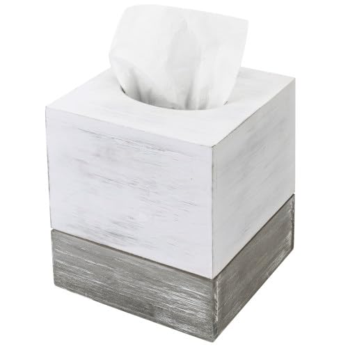 MyGift Vintage White and Distressed Gray Wood Square Bathroom Tissue Box Dispenser Holder Cover with Slide-Out Bottom Panel, 5.5