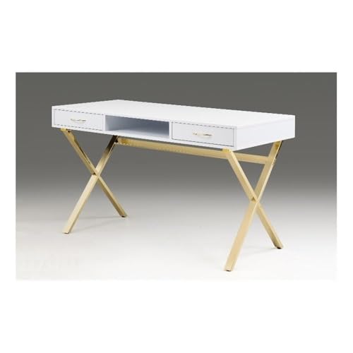 Neos Modern Furniture White top Desk with Two Drawers/Gold Base