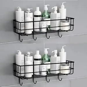 Bkk Giant Wall Mounted Bathroom Shelf With Hooks, Self Adhesive Shower Storage Rack, Multipurpose Organizer For Toiletries, Bott