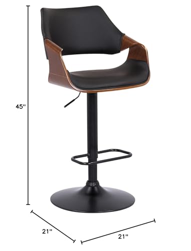 HomeRoots Wood, Metal, Foam Faux Leather Black Faux Leather and Walnut Wood and Black Swivel Adjustable Bar Stool