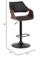 HomeRoots Wood, Metal, Foam Faux Leather Black Faux Leather and Walnut Wood and Black Swivel Adjustable Bar Stool