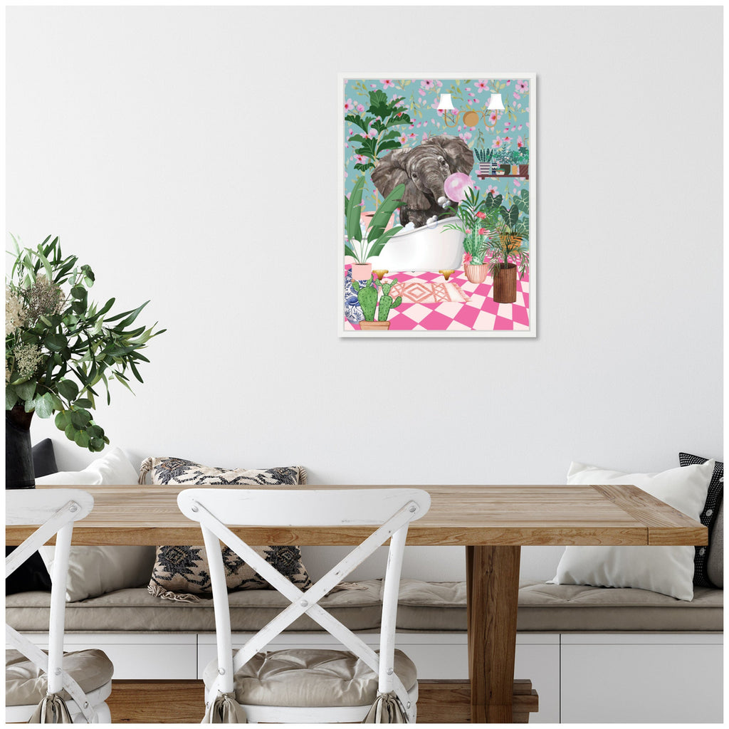 Sylvie Maximalist Bathroom Elephant Bubblegum Framed Canvas by Honey Island Studio