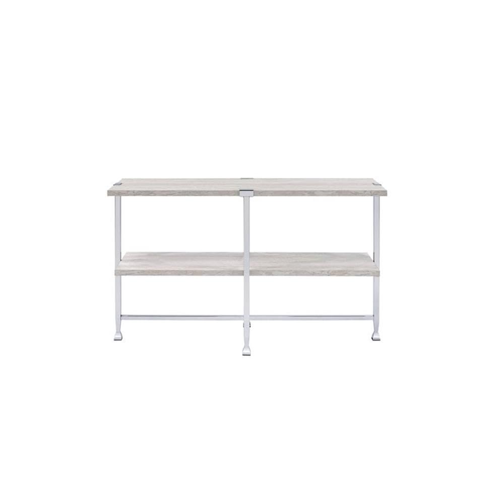 Acme Brecon Rectangular Wooden Sofa Table with Shelf in White Oak and Chrome