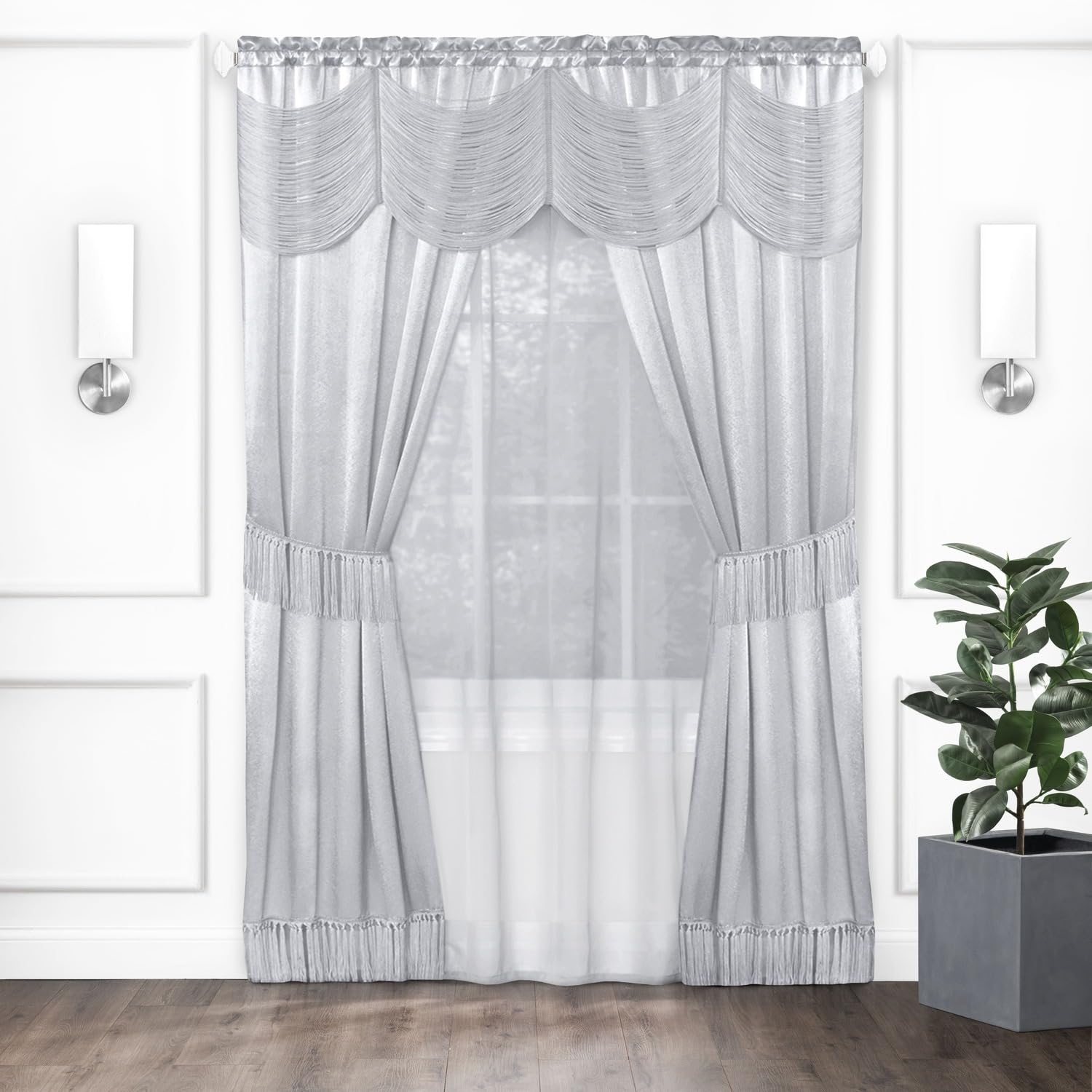 Halley Window Curtains, 6-Piece Set - 56 Inch Width, 63 Inch Length, 2 Inch Rod Pocket - Silver - Includes Valance, 2 Solid Pane