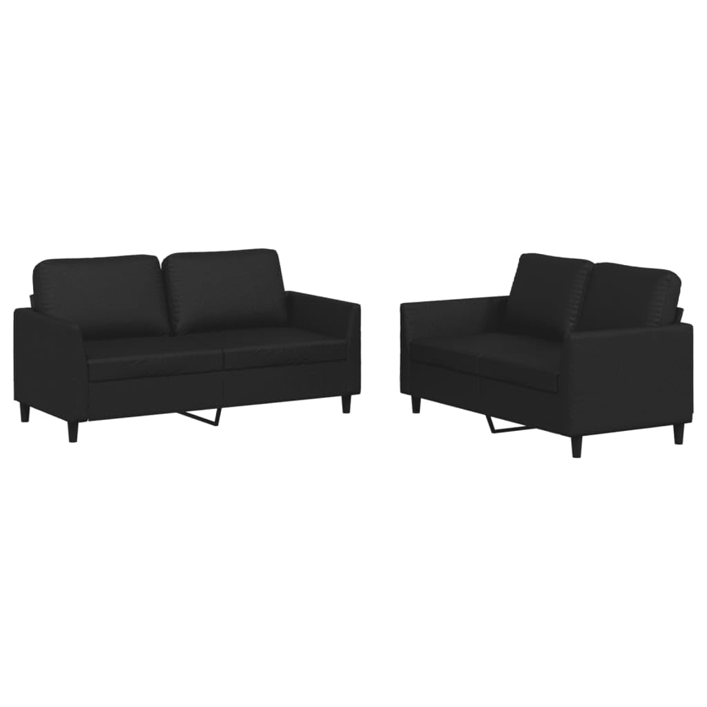 vidaXL Modern 2-Piece Sofa Set with Cushions in Black Faux Leather - Comfortable Seating for Living Room or Office