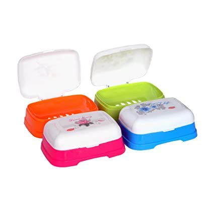 Dmitry Plastic Transparent Unbreakable Soap Case with Lid, Soap Holder, Soap Dish for Bathroom Kitchen Sink Set of 4 (Multi Col
