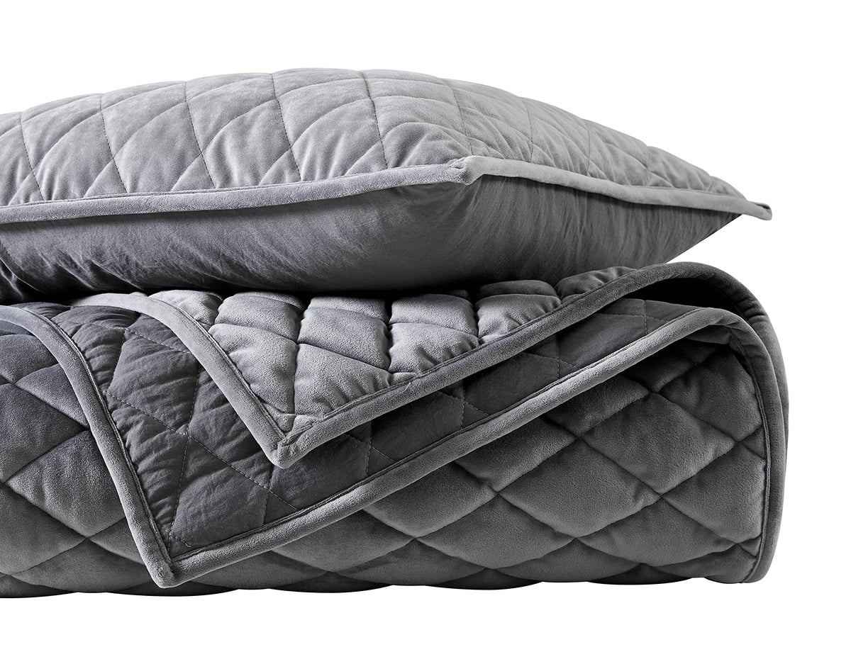 Vera Wang King Quilt Set Diamond Velvet Charcoal Grey Polyester Velvet