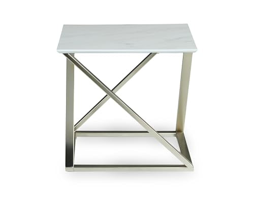 Steve Silver Zurich White Square Faux Marble End Table with Sturdy Asymmetrical Matte Chrome Base, Papered Veneer Top, Mixed Media Style, 24" L x 24" W x 23" H
