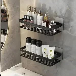 Mmts World Multipurpose Aluminium Bathroom Shelf For Wall, SelfAdhesive Wall Mounted Bathroom Organiser Without Drill, Black Ba