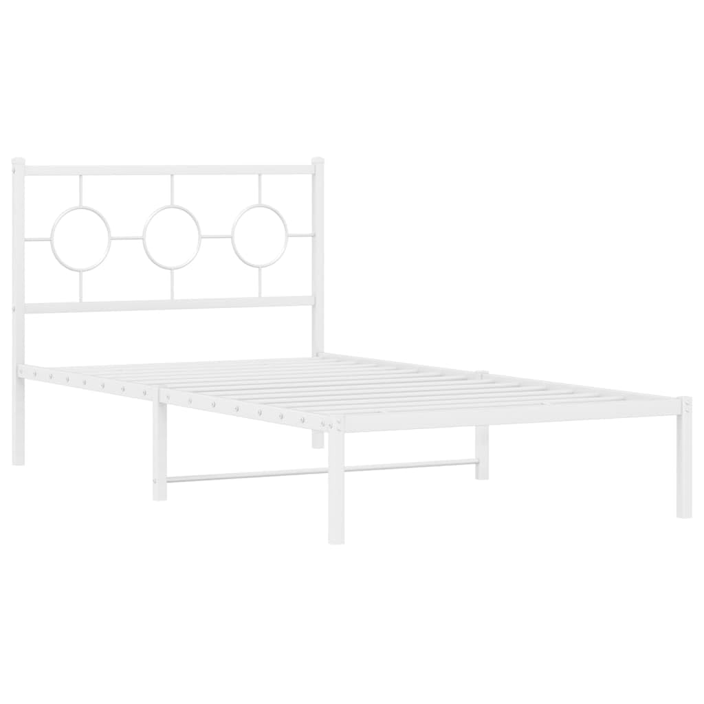 vidaXL White Steel Single Bed Frame with Headboard - Industrial Style, 39.4"x78.7" Mattress Compatible, Bedroom Platform Bed
