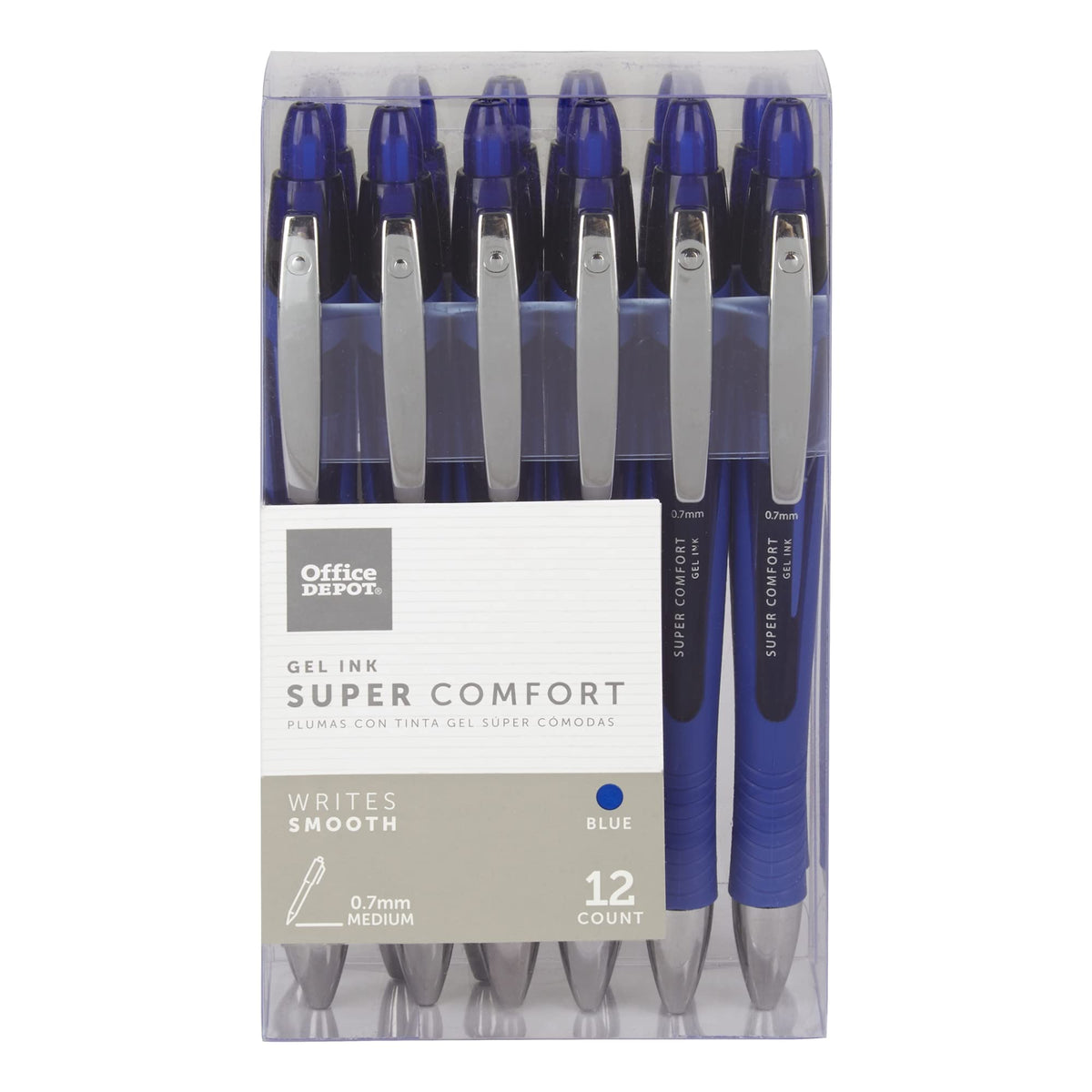Office Depot Super Comfort Grip Retractable Gel Pens, Medium Point, 0.7 Mm, Blue Barrel, Blue Ink, Pack Of 12