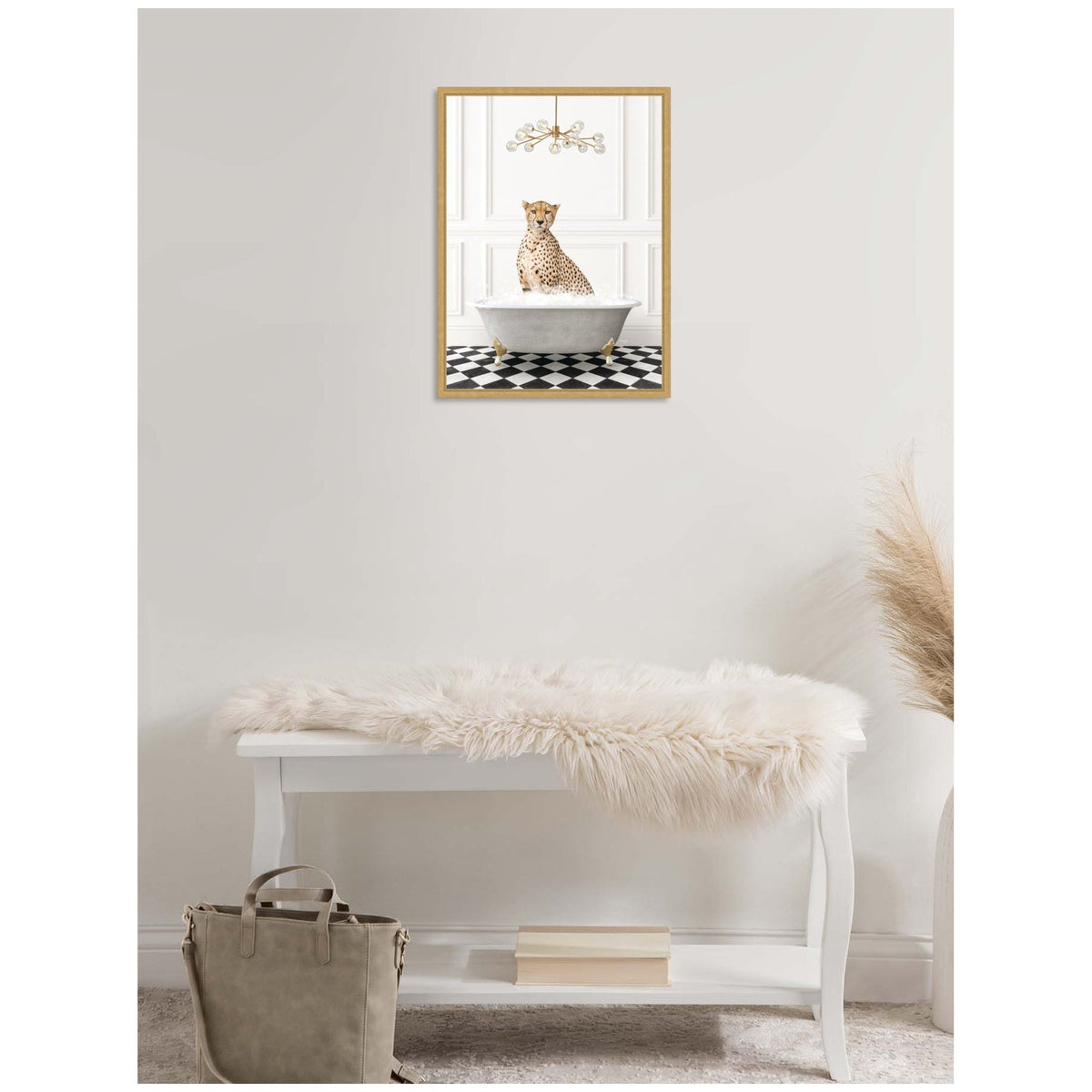 Sylvie Cheetah in Gray Bathtub on Checker Floor Framed Canvas by Amy Peterson