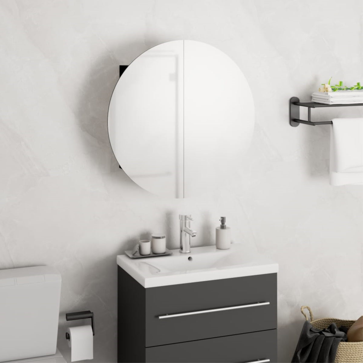 Vidaxl Bathroom Cabinet With Round Mirror&Led Black 15.7 Inch X15.7 Inch X6.9 Inch