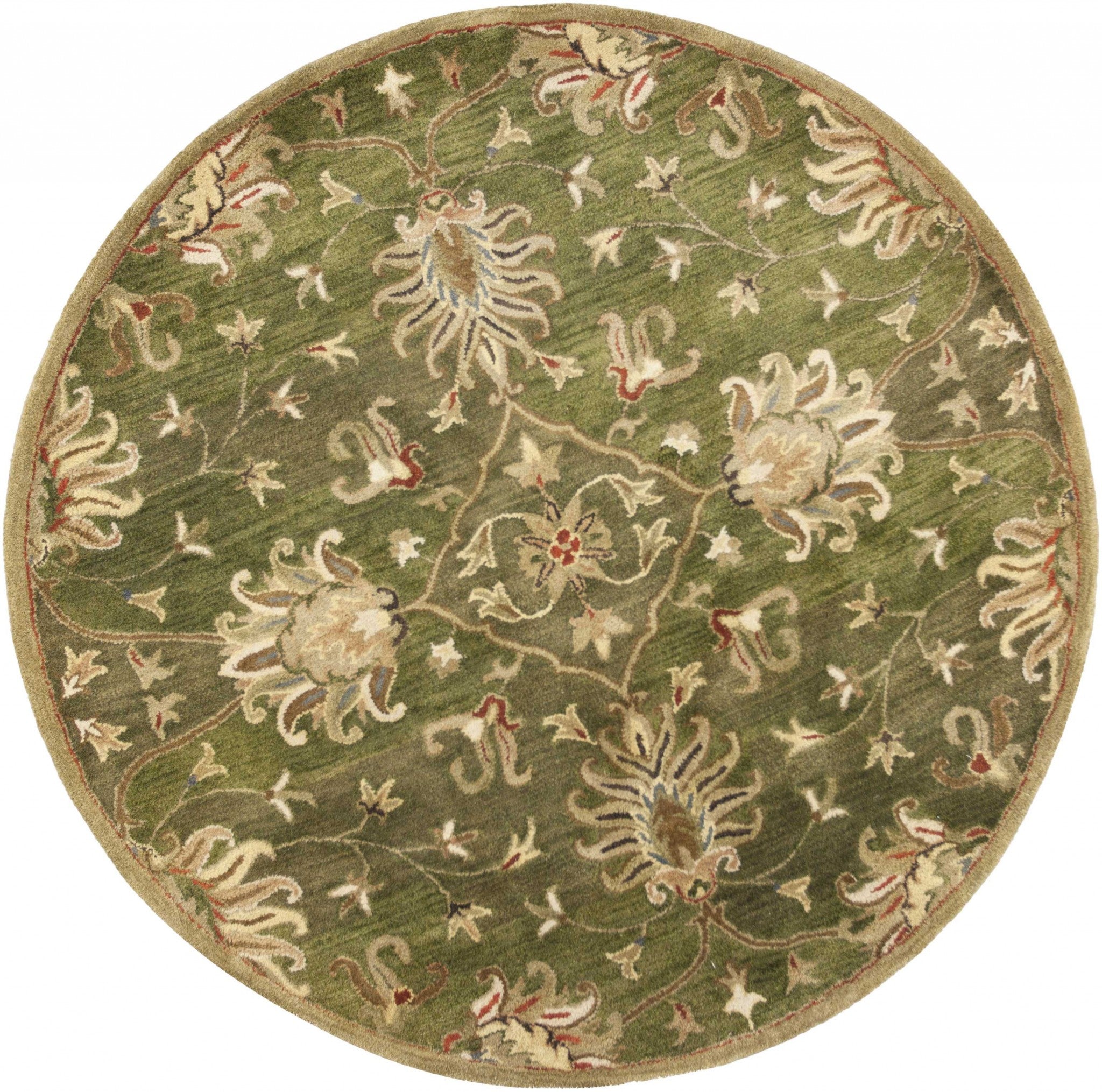 HomeRoots 5' Round Emerald Green Floral Vine Wool Indoor Area Rug