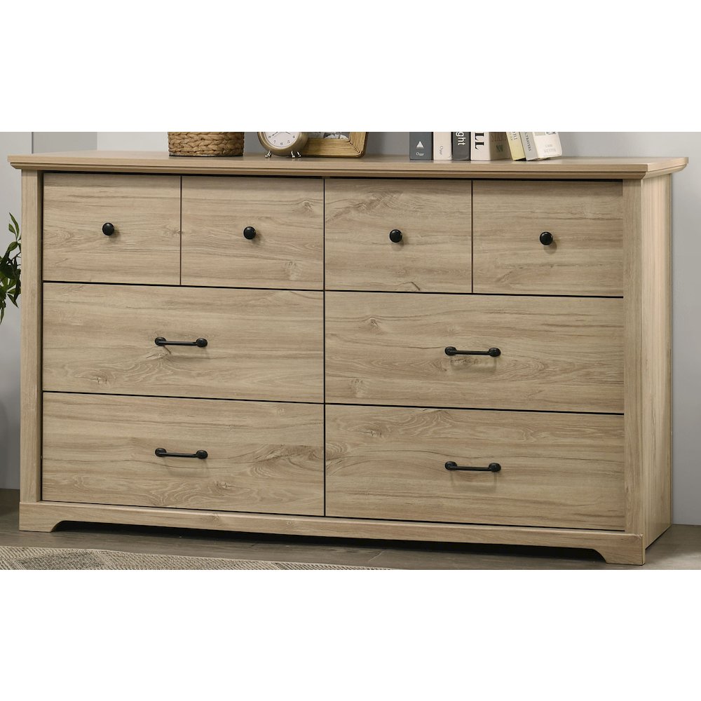 Elara 57 InchW Light Oak Finish 6Drawer Dresser with Black Handles