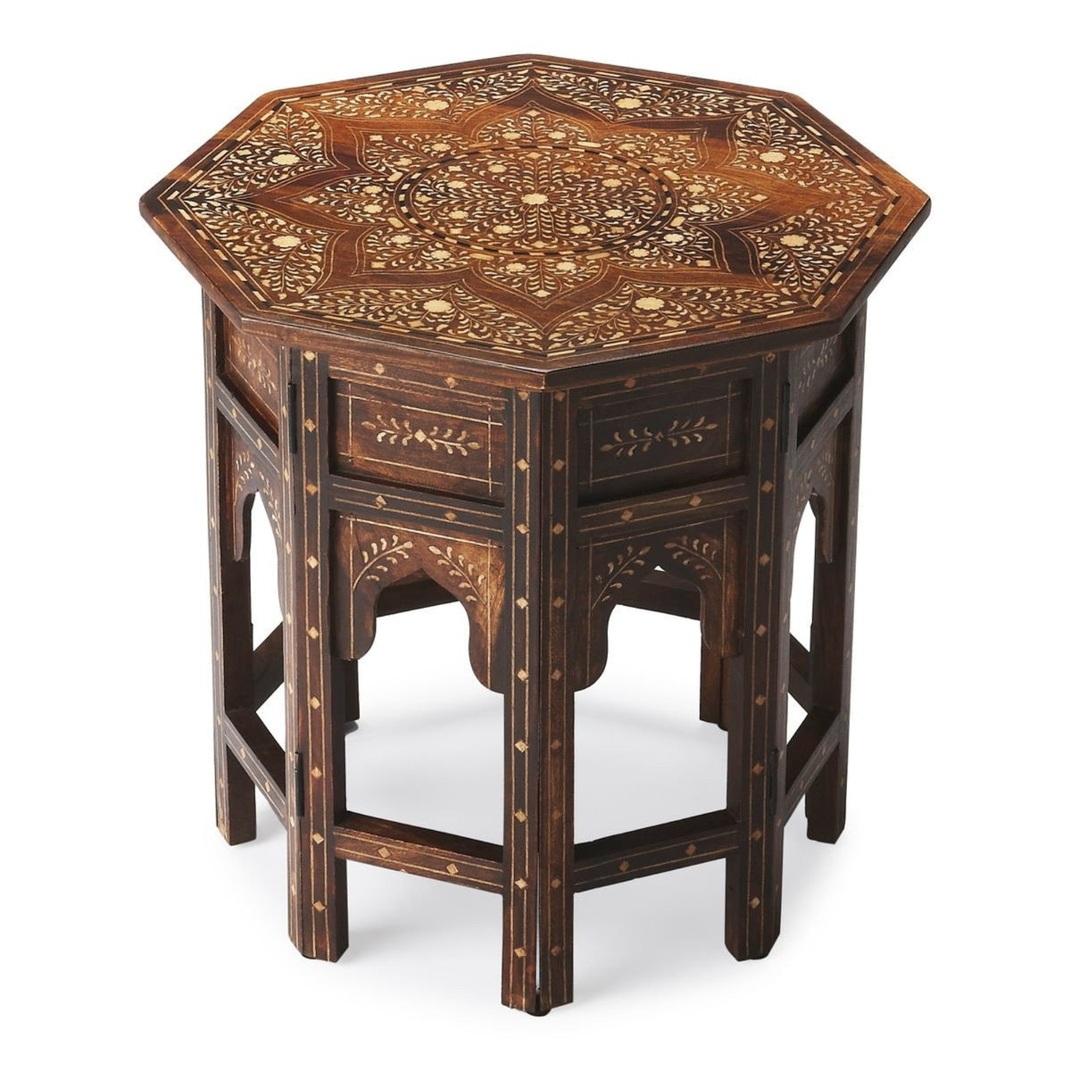 Octagonal Accent Table With Wood & Bone Inlay Finish  Handcrafted Mango Wood & Bone Construction For Durability & Style