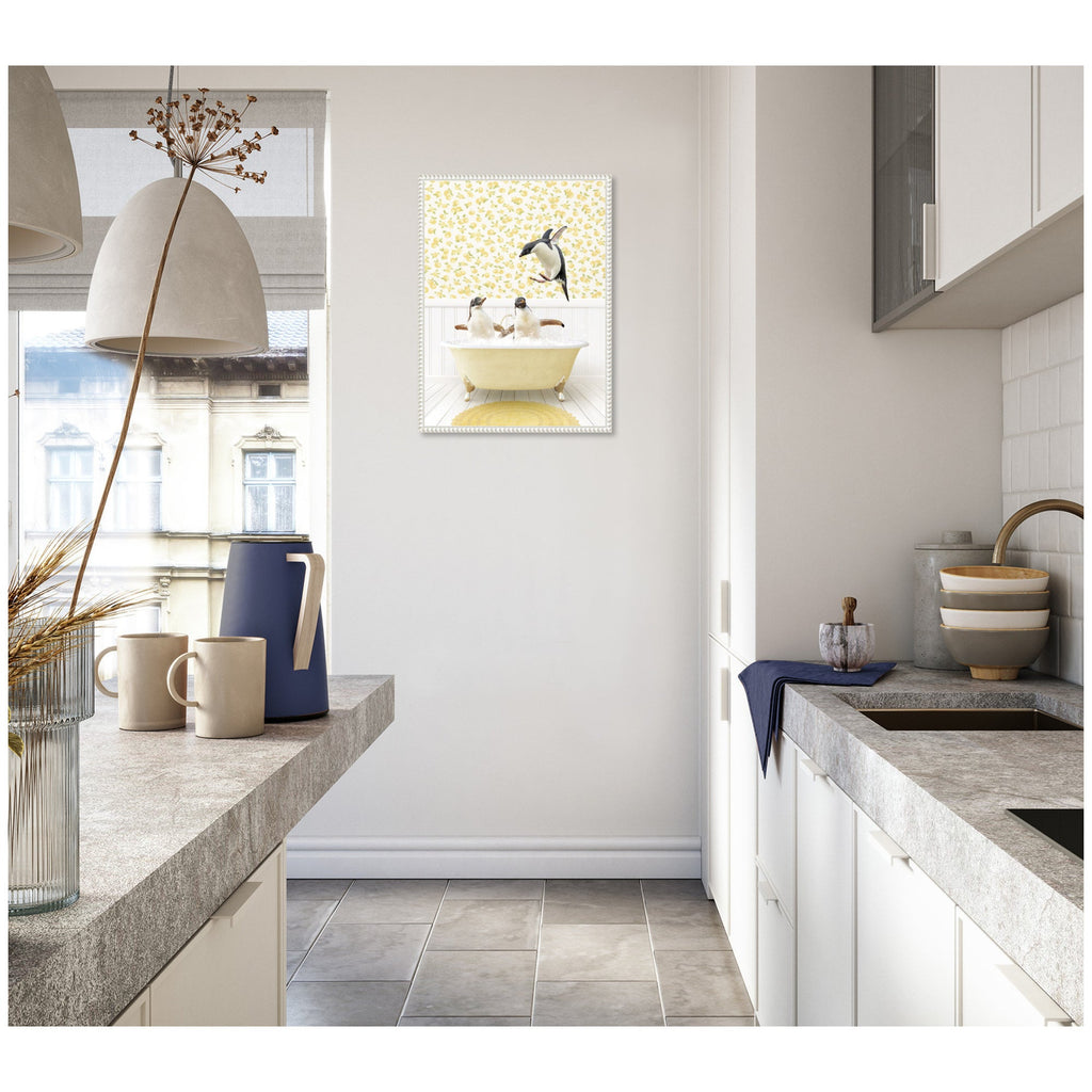 Sylvie Penguins in Cottage Yellow Bathtub Framed Canvas by Amy Peterson