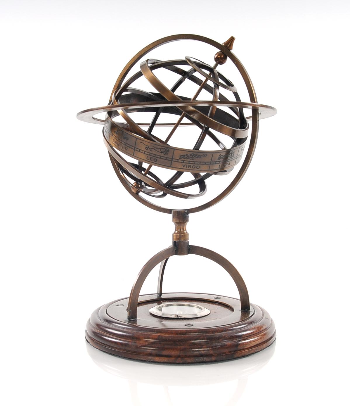7 X 7 X 11 Brass Armillary With Compass On Wood Base