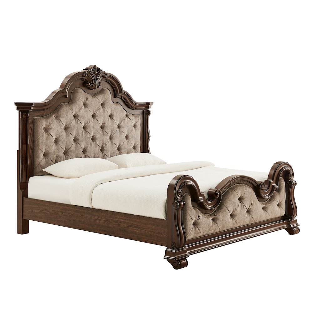 Belvedere Eastern King Platform Bed Frame, Tufted Headboard  Dark Cherry Finish