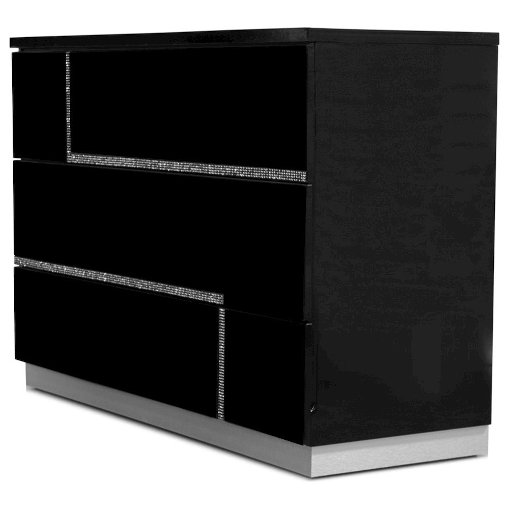 Barcelona 47 Inch 3Drawer Lacquer Wood Dresser with Rhinestones  Black