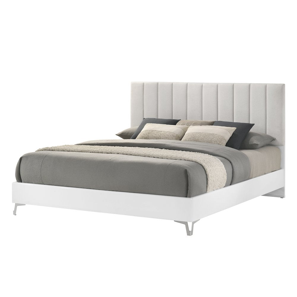 87 Inch California King Bed Frame, White Frame with Beige Padded Headboard