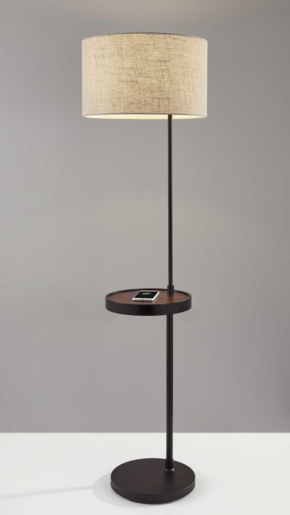 64 Black Tray Table Floor Lamp With Beige Drum Shade