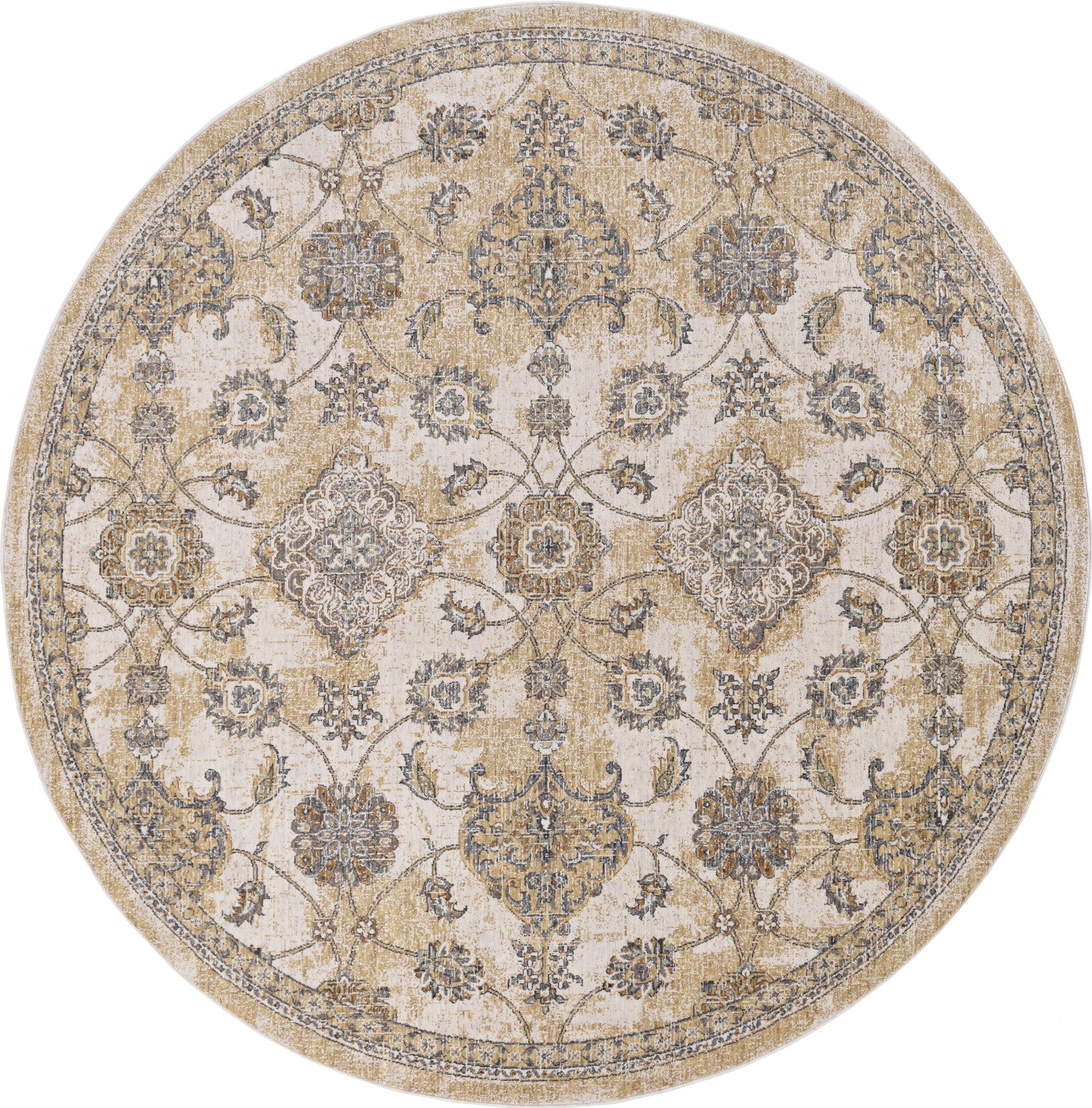 9 Ivory Sand Machine Woven Bordered Floral Vines Round Indoor Area Rug