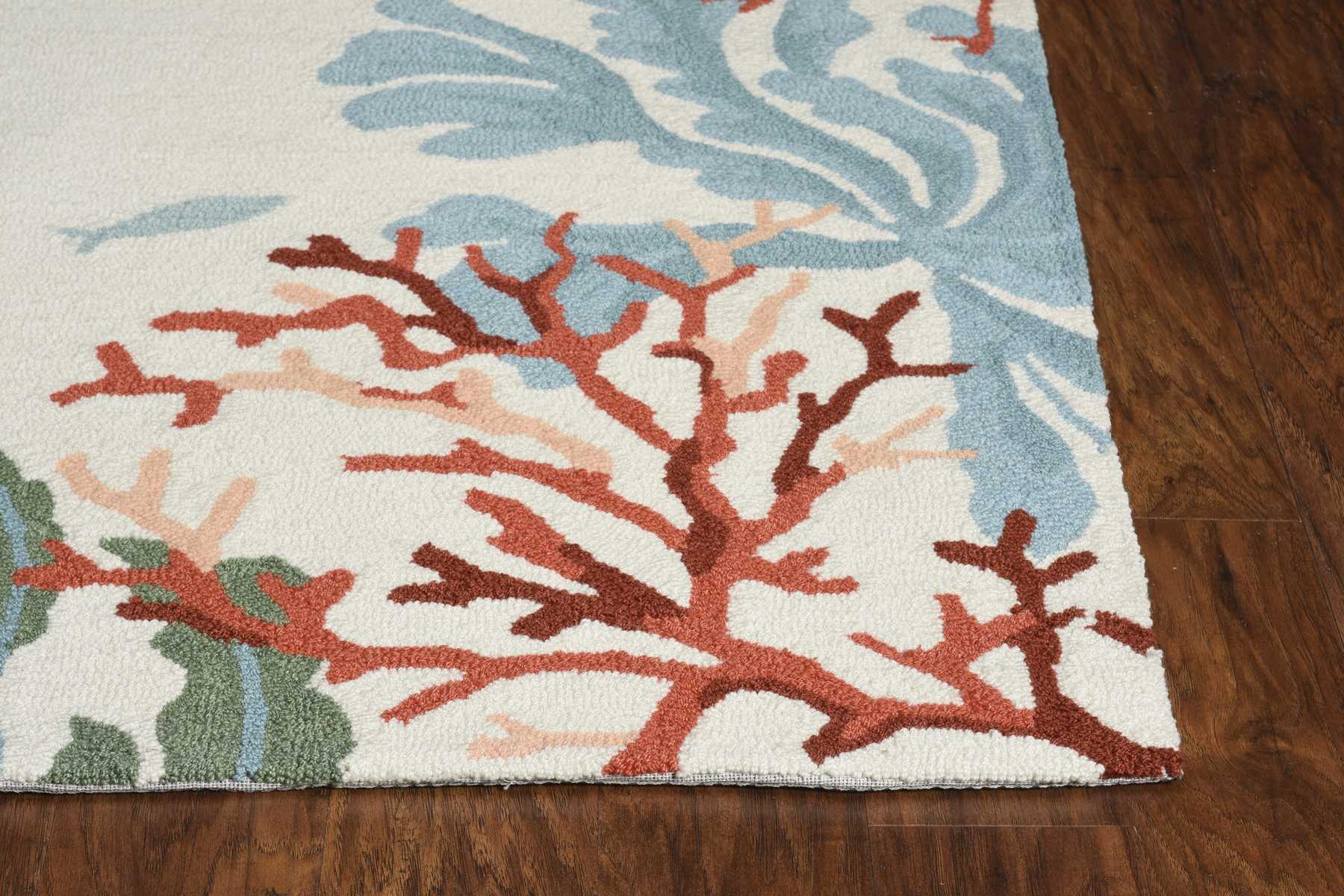 2X3 Ivory Hand Hooked Bordered Coral Reef Indoor Accent Rug