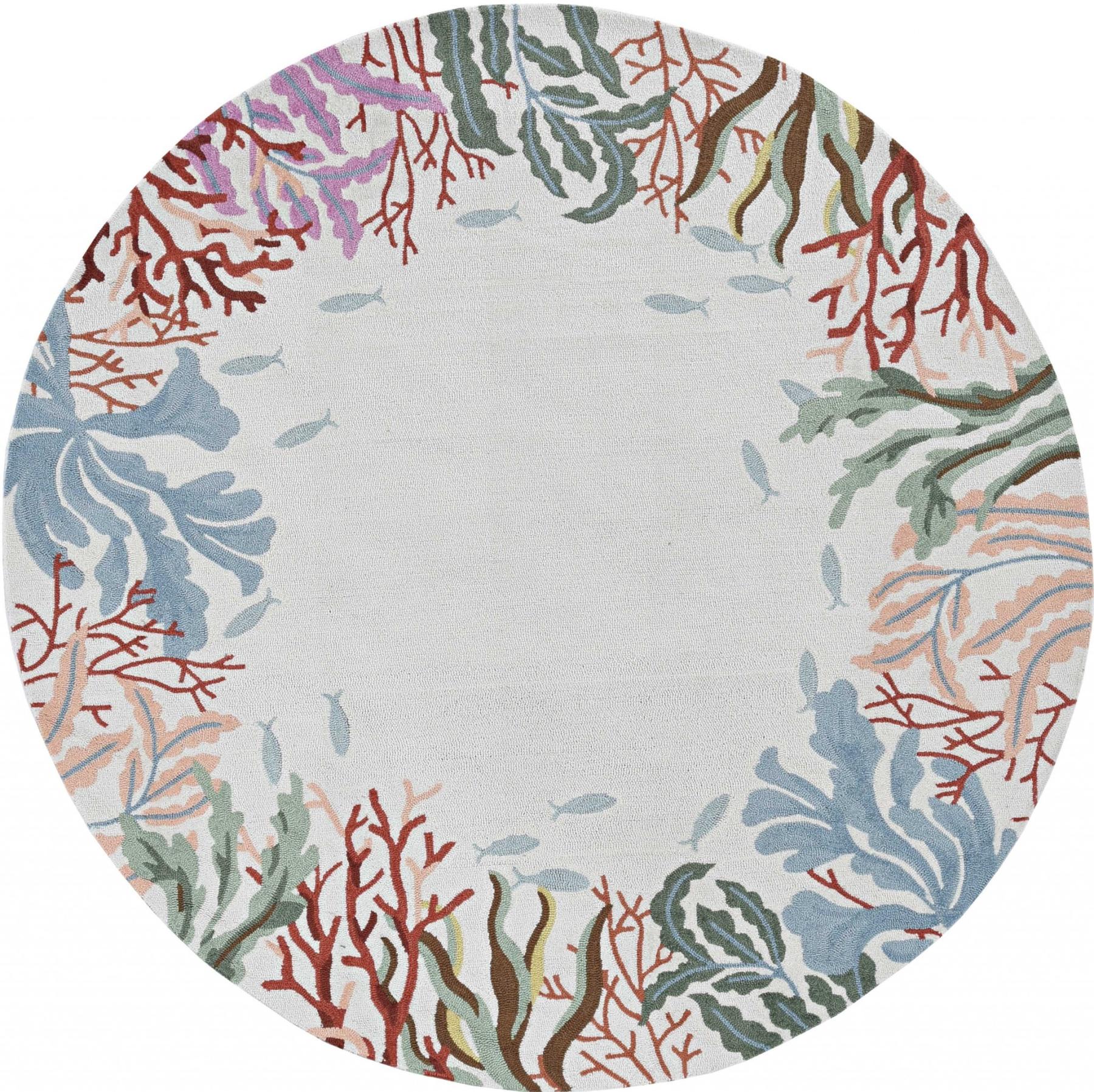 8 Ivory Hand Hooked Bordered Coral Reef Round Indoor Area Rug