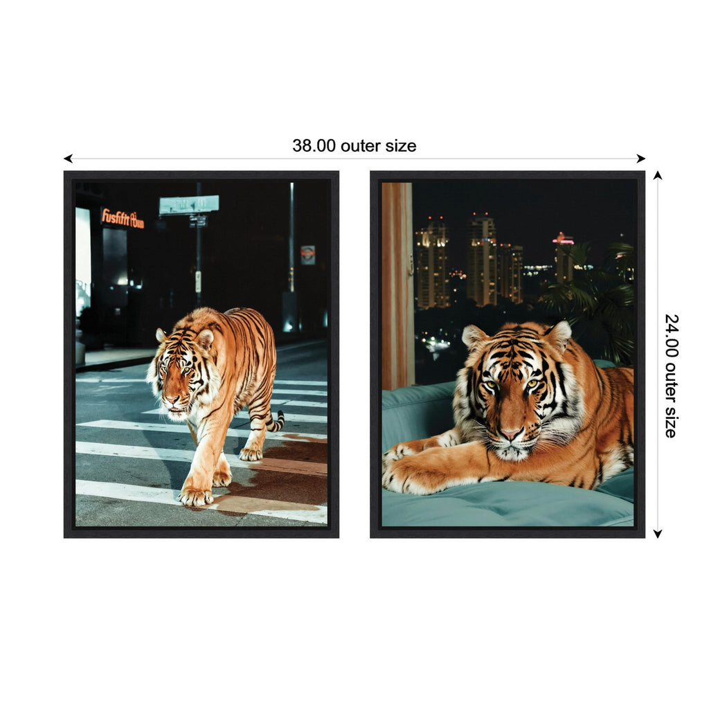 Sylvie Tiger in the City at Night Framed Canvas Art Set by Michael Schauer