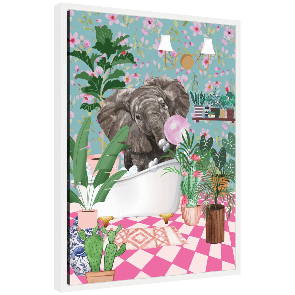 Sylvie Maximalist Bathroom Elephant Bubblegum Framed Canvas by Honey Island Studio